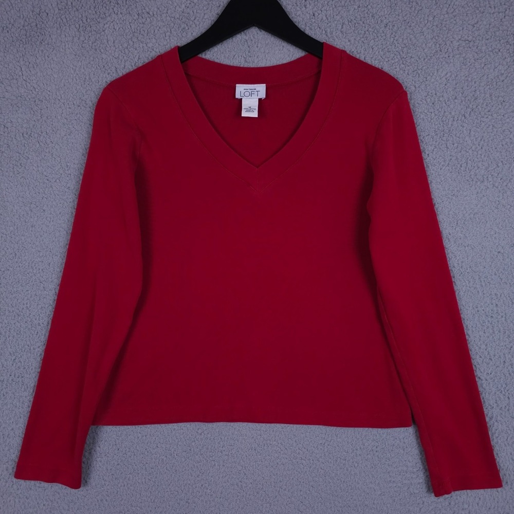 Ann Taylor LOFT Shirt Womens Medium Red V Neck Long Sleeve Cotton Top Tee VTG